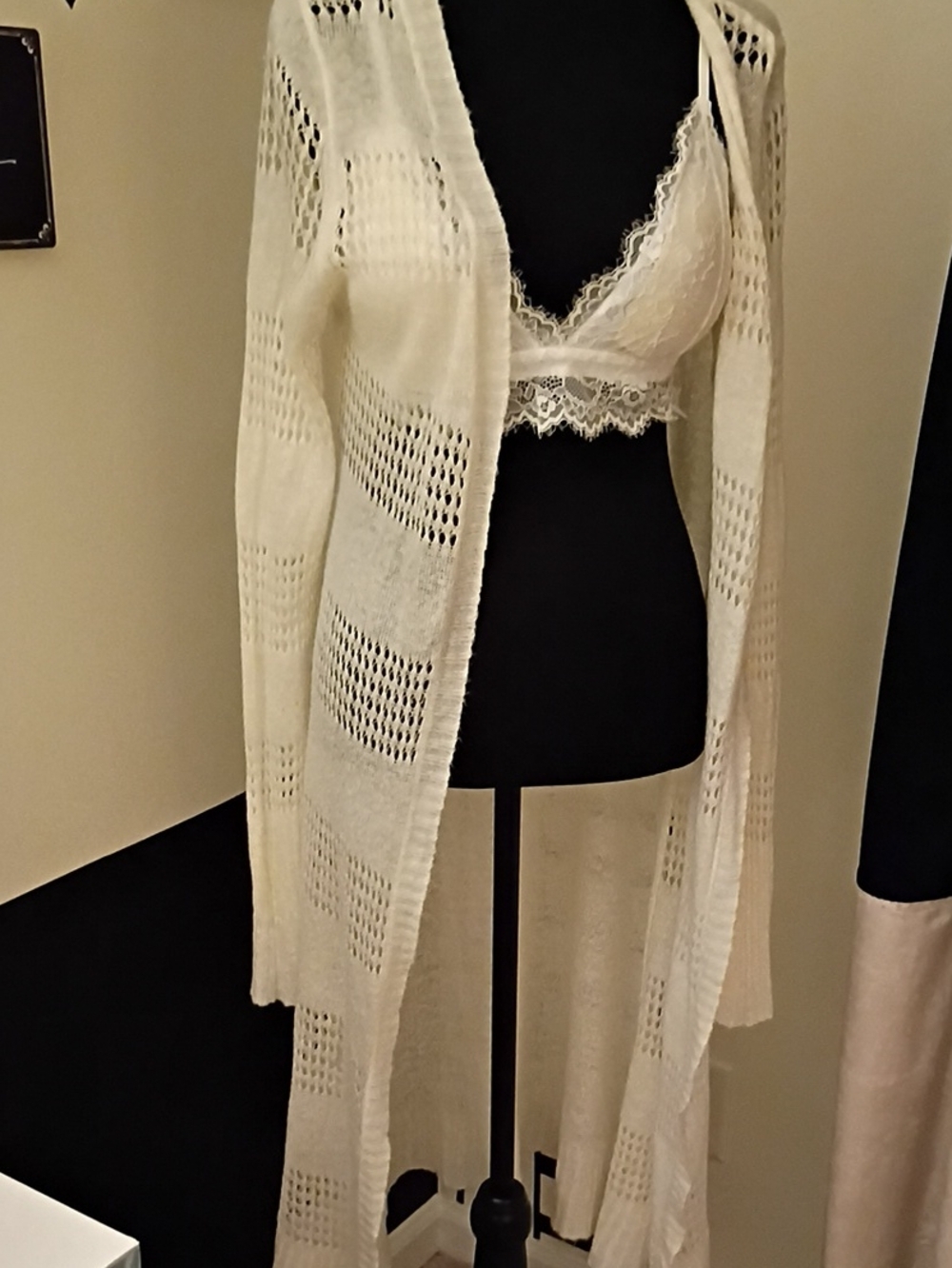 Lightweight Cream Openwork Long Cardigan Duster Sweater Sz. L/XL